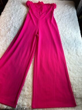 SHEIN Feather-Trim Strapless Wide-Leg Jumpsuit in Bright Pink